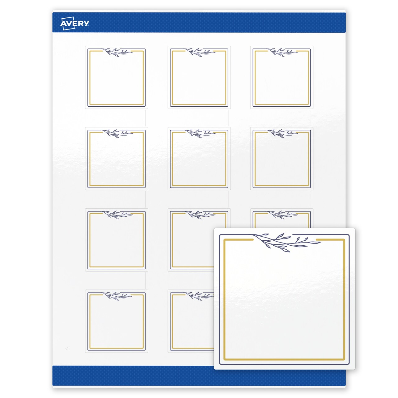 Avery Printable Square Labels, Gold & Navy Border with Florals, 2" x 2", Glossy White Square Labels, Permanent, Laser/Inkjet, 120ct, Great for Product Labels